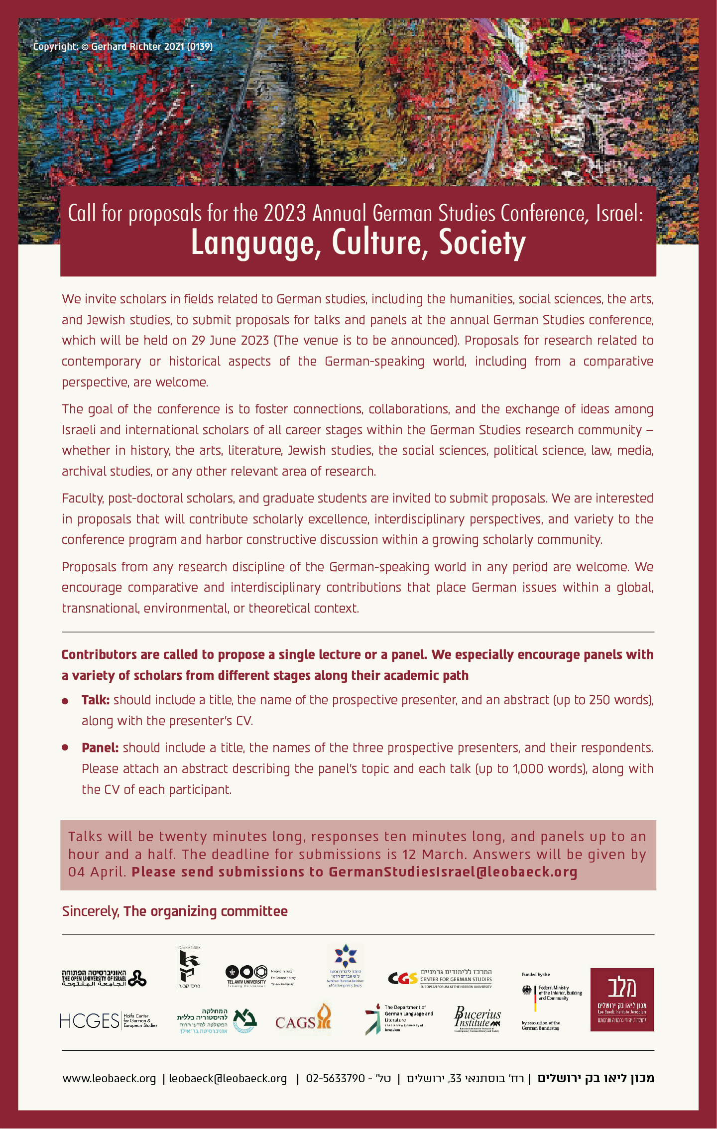 Read more about the article Call for proposals for the 2023 Annual German Studies Conference, Israel: Language, Culture, Society